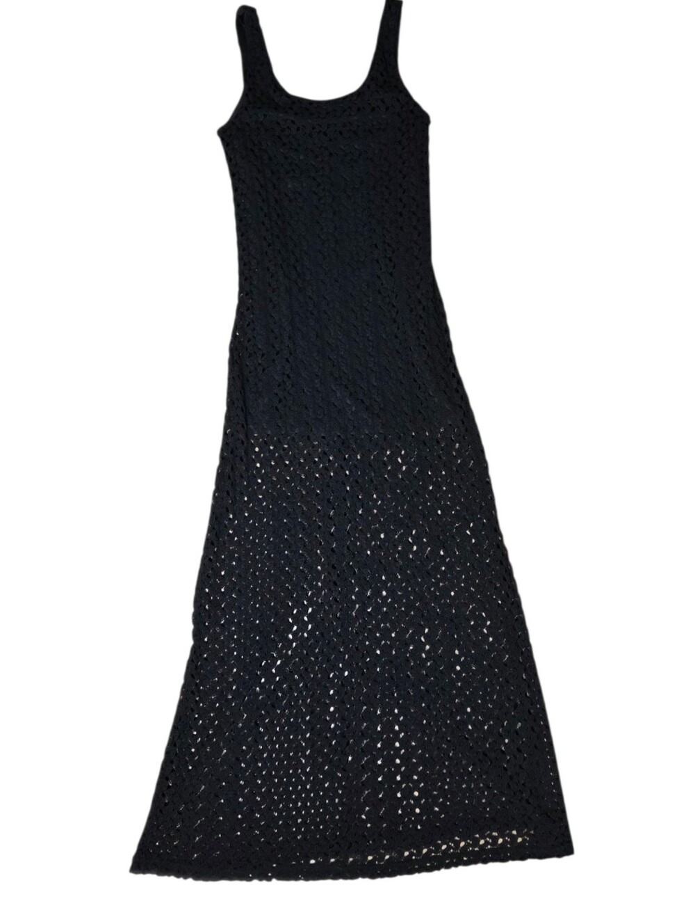 Black Open Knit Crochet Maxi Dress Witchy Boho Gothic Festival Medium - Picture 7 of 12
